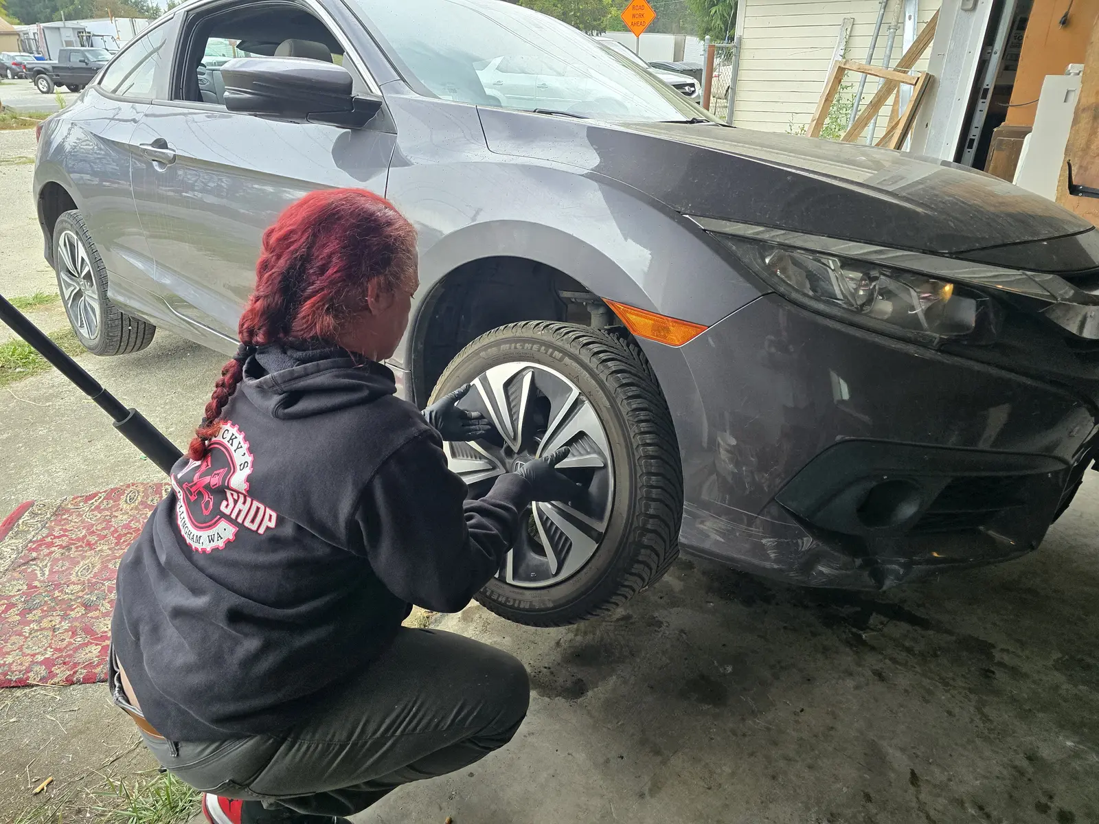 Gray Honda Civic, front brake service