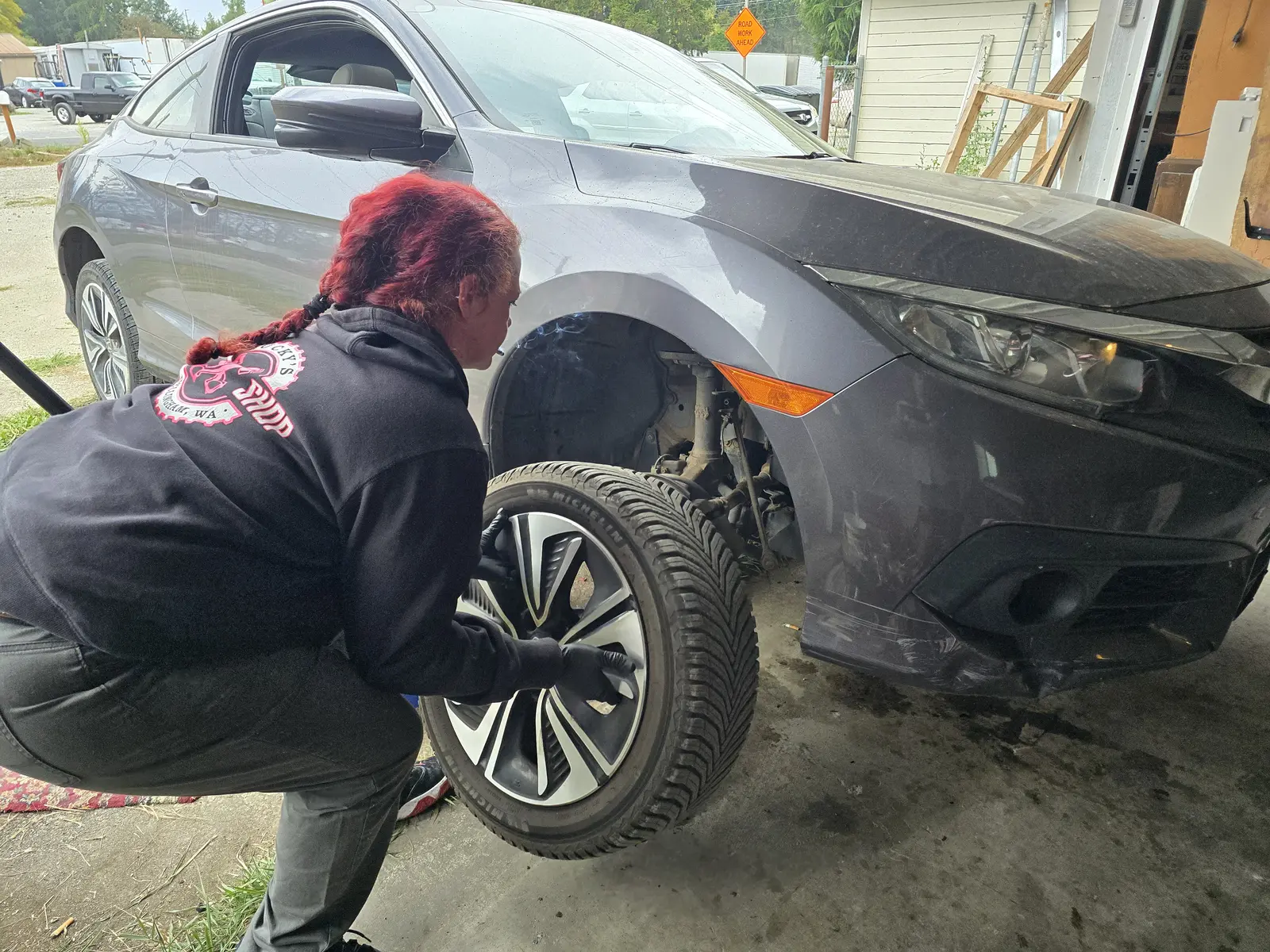 Gray Honda Civic, front brake service