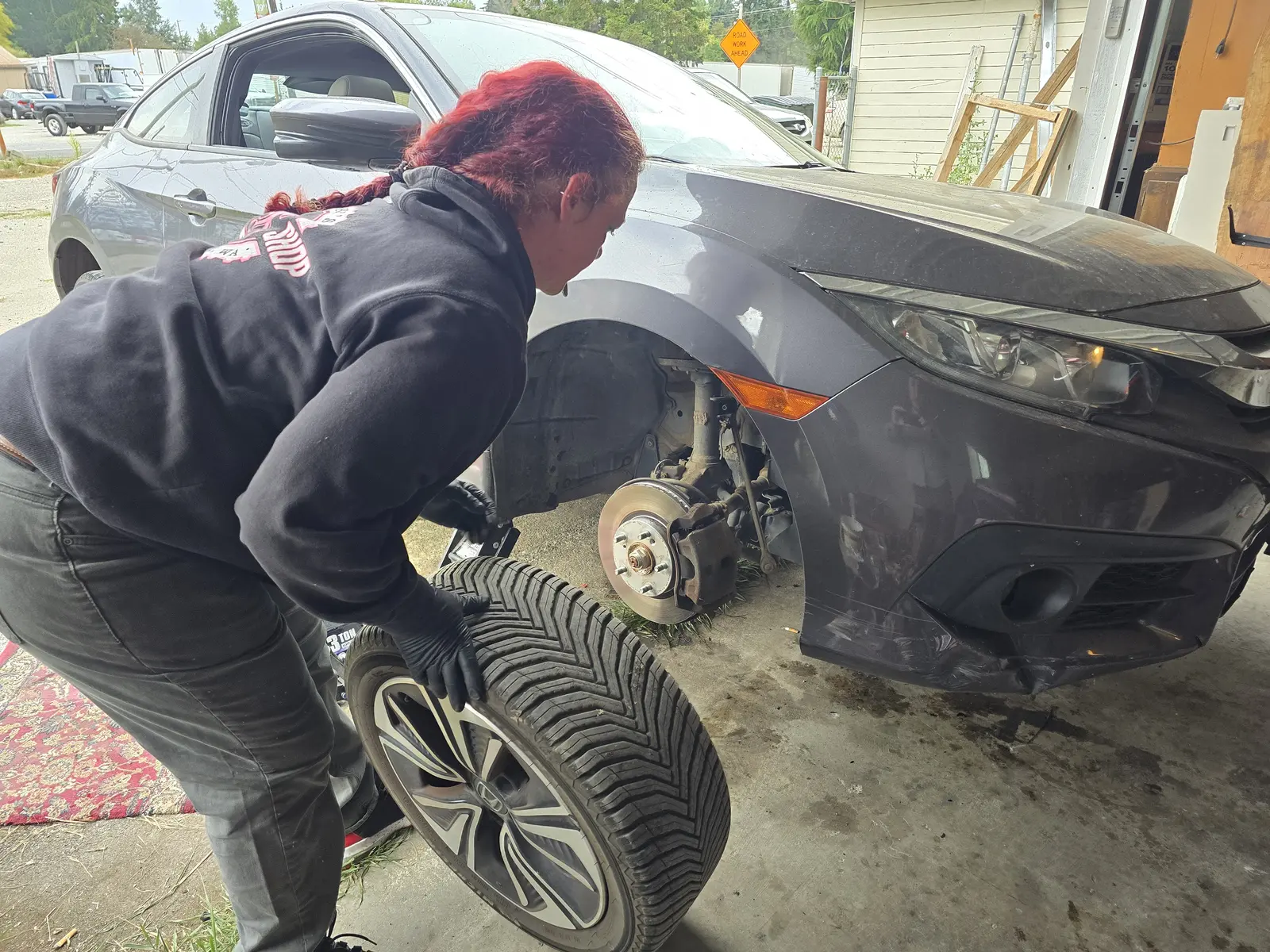 Gray Honda Civic, front brake service